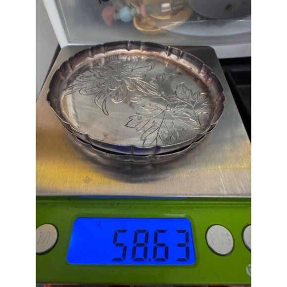 Antique Pair K Hattori Pure Silver Japan Floral Engraved Coasters 3" Lot 2 58g - Picture 6 of 6